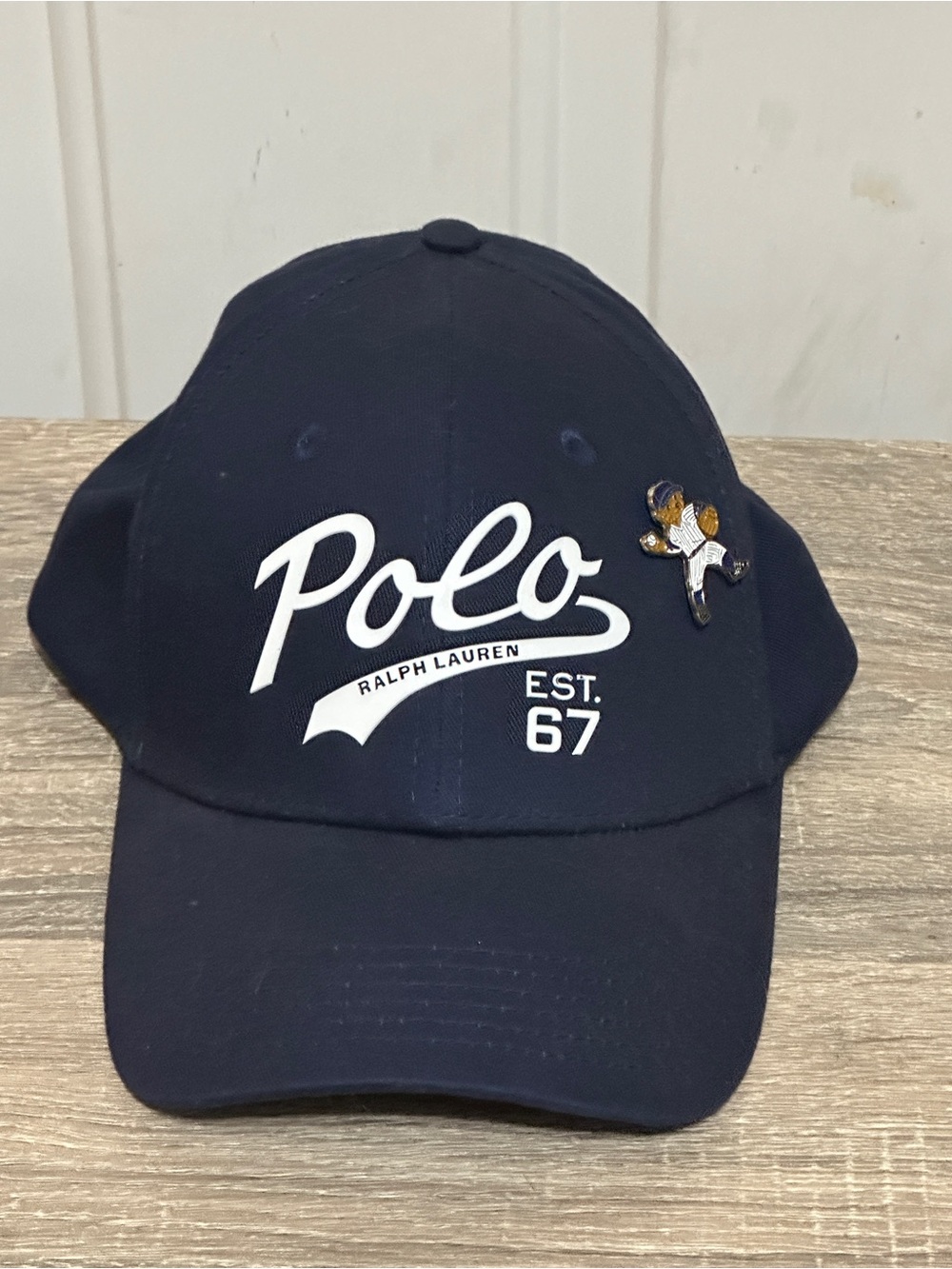 Polo Ralph Lauren Hat 67 Baseball Snap Back Navy Blue W/ Baseball Bear Lapel Pin